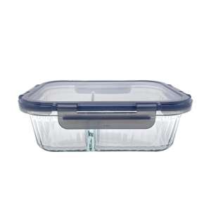 BPA Free Ribbed High Borosilicate Glass Lunch Boxes Airtight Meal Prep Storage Food Container With Two Divider Microwave Oven Freezer Safe