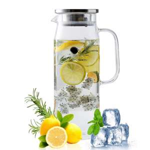 Stainless Steel Lid Glass Pitcher, Water Carafe with Handle, 1100ml